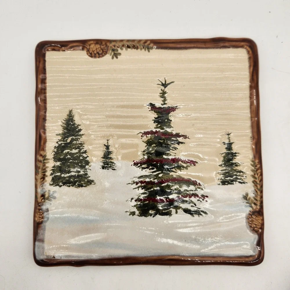 St Nicholas Sq Snow Valley Ceramic Pine Tree Wall Tile Trivet Cottagecore Disc